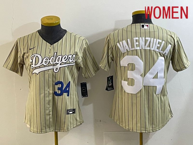Women Los Angeles Dodgers #34 Valenzuela Green Stripe Game 2024 Nike MLB Jersey style 3->women mlb jersey->Women Jersey